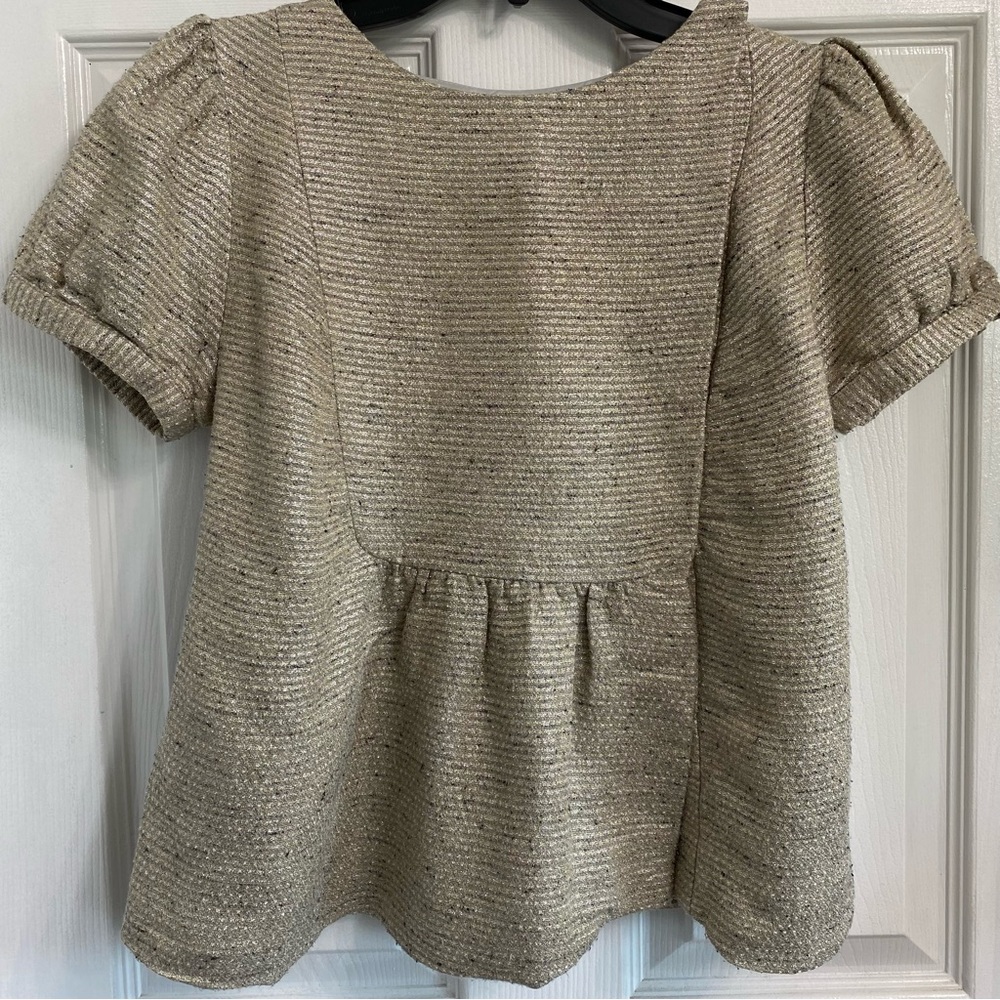 LOEFFLER RANDALL Tan Silver Metallic Puff Short Sleeve Snap Blouse - Picture 2 of 13